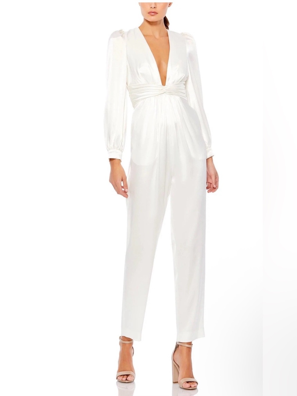 Mac Duggal Ieena A2647 Plunge Neck Long Sleeve Satin Jumpsuit, White size 2 NWT